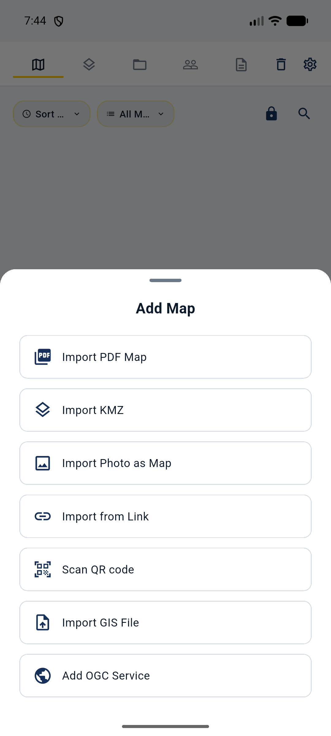 MapNero Android Add Map menu with Import PDF Map as its first option