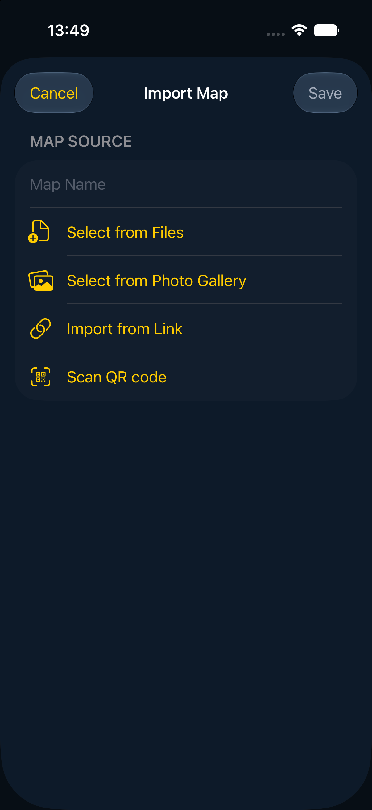 MapNero iPhone Import Map screen with Select from Files, photo, link and QR options