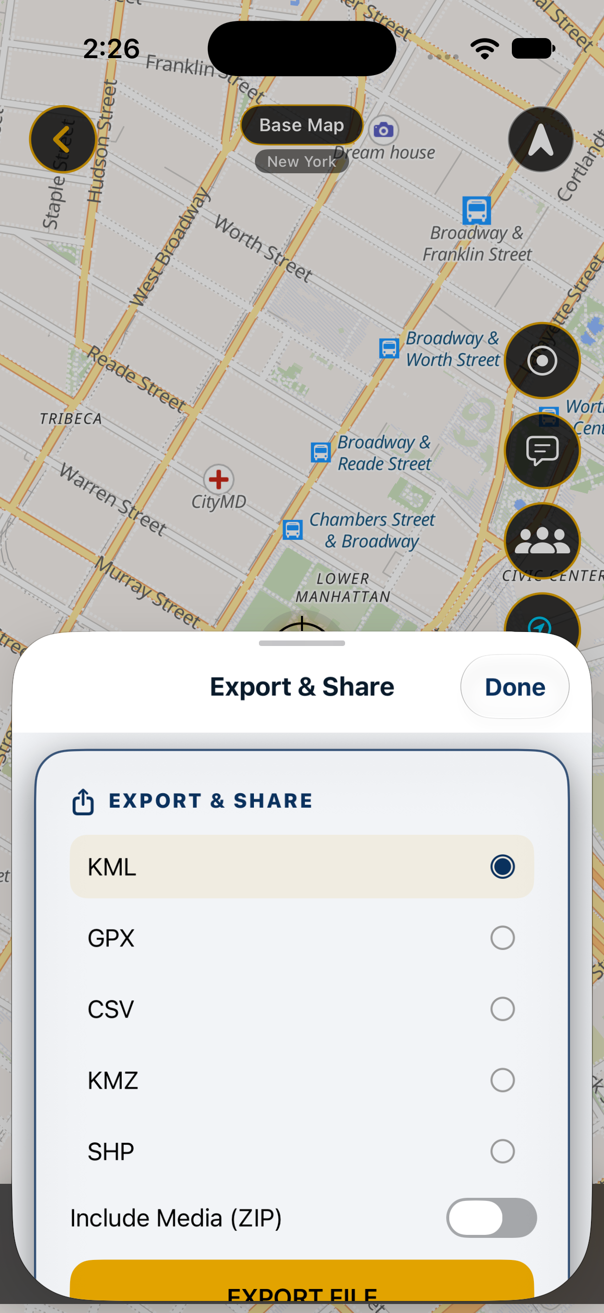 MapNero iPhone mobile export options