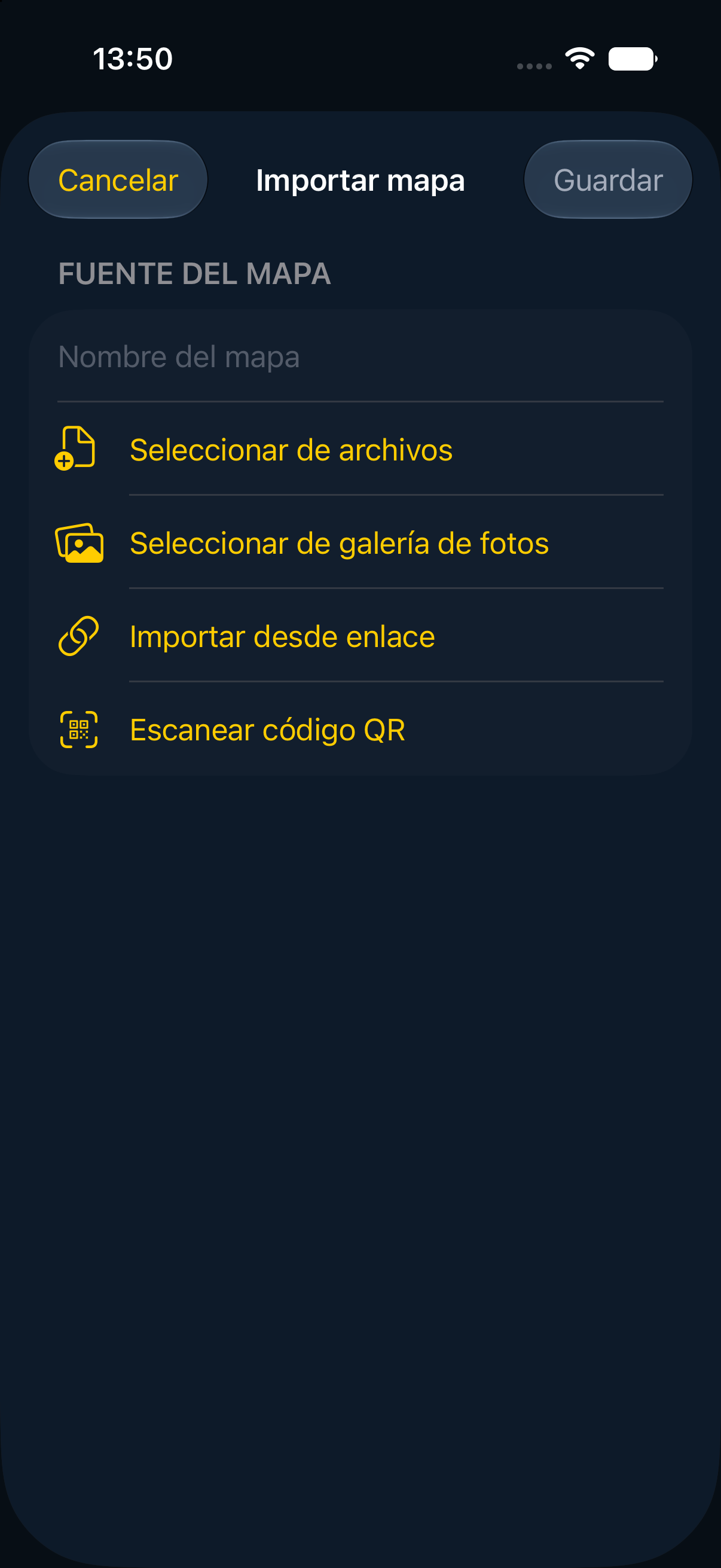 Pantalla Importar mapa de MapNero en iPhone