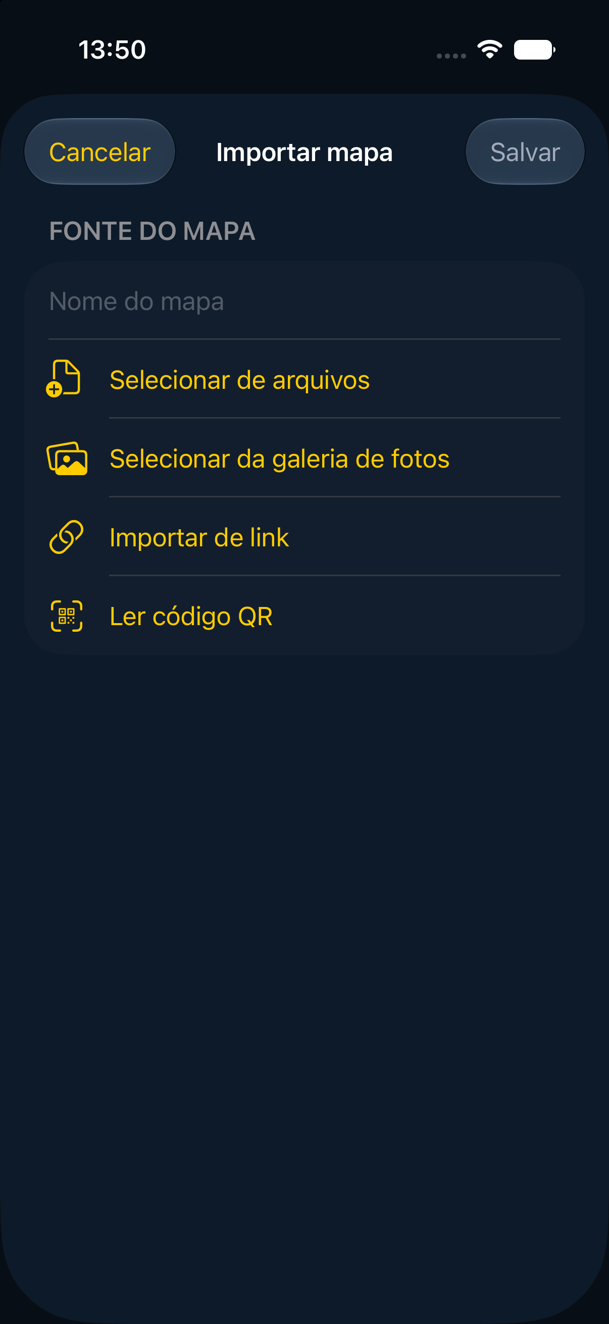 Tela Importar mapa do MapNero no iPhone